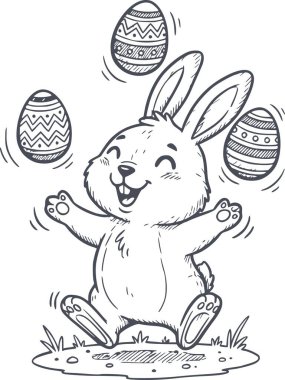 Süslü paskalya yumurtalarını siyah dolgulu jonglörlük yapan mutlu bir tavşanın el çizimi. Ve vektörde beyaz dolgu yok.