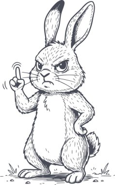 Parmağını gösteren kızgın bir tavşanın el çizimi tasviri. Resim, simgeler ve semboller için mükemmel, beyaz dolgu içermeyen siyah bir çizimdir.