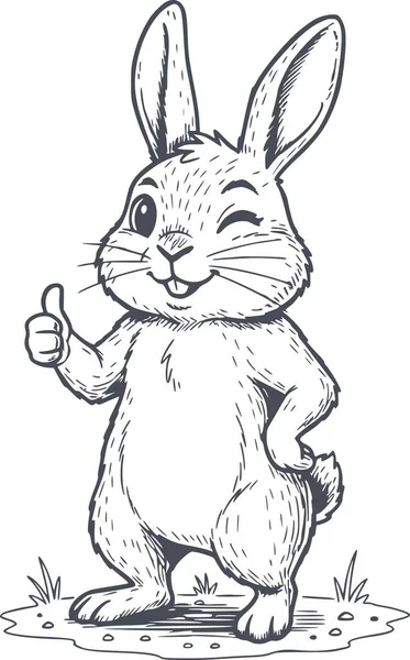 Mutlu bir tavşanın el çizimi çizimi çizimi ve baş parmak işareti. Bu vektörün beyaz dolgusu yok ve simgeler ve semboller için siyah doldurma biçimi kullanıyor