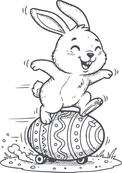 Süslü bir paskalya yumurtasına binen mutlu bir tavşanın beyaz dolgu malzemesi olmayan siyah bir kaykay şeklindeki çizimi.