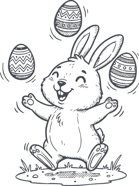 Süslü paskalya yumurtalarını siyah dolgulu jonglörlük yapan mutlu bir tavşanın el çizimi. Ve vektörde beyaz dolgu yok.