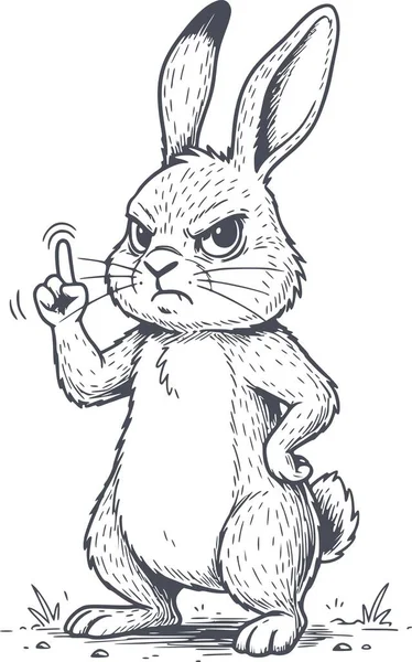 Parmağını gösteren kızgın bir tavşanın el çizimi tasviri. Resim, simgeler ve semboller için mükemmel, beyaz dolgu içermeyen siyah bir çizimdir.