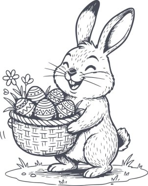 Süslü yumurtalarla dolu sepet taşıyan mutlu bir Paskalya tavşanının el çizimi tasviri. Grafik çiziminde beyaz dolgu yok.