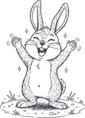 Yıldız ve çimen detaylarıyla çizilmiş bir el çizimi tarzında neşeli zıplayan tavşan, resimde çok yönlü tasarım için beyaz dolgular bulunmamaktadır.