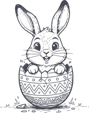 Süslü bir yumurtadan çıkan şirin bir Paskalya tavşanı. Elinde siyah dolgu çizgileri ve beyaz dolgular olmadan çizilmiş.