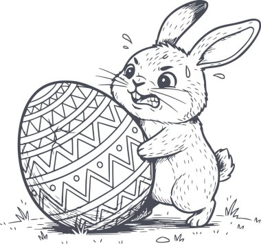 Güzel bir tavşanın el çizimi tasviri ile süslenmiş dev bir paskalya yumurtasını özenle iterken görüntünün beyazı yoktur ve profesyonel bir eskiz için koyu mavi mürekkep çizgileri kullanır.