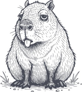 Yorgun bir Capybara 'nın ayrıntılı el çizimi çizimi dili açık, beyaz dolgu yok, izole edilmiş siyah çizgi sanatı, vektör stili, çizim, çizim, illüstrasyon, ikon, sembol
