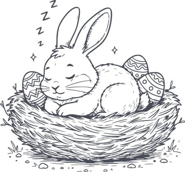 Çubuk bir yuvanın içinde uyuyan bir Paskalya tavşanının resmi. Süslenmiş yumurtalarla dolu. Çok yönlü tasarım için beyaz dolgu malzemesi yok.