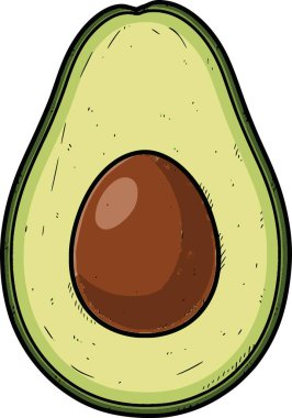 Kesik bir avakado 'nun profesyonel vektör çizimi. Katı renk dolgularıyla çizilmiş el çizimi stili ve yiyecek ikonları ve sağlıklı yaşam tarzı tasarımları için uygun temiz organik görünüş için simüle edilmiş siyah çizgiler.