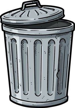 Atık yönetim simgeleri için el çizimi bir biçimle iç dolguları ve hatları taklit etmek için farklı renkler kullanan kapaklı klasik metal çöp kutusunun vektör çizimi