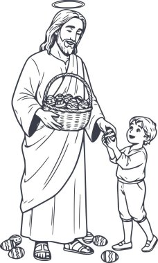İsa Mesih 'in, sepeti olan genç bir çocuğa paskalya yumurtası verdiğinin el çizimi. kolay renklendirme ve tasarım için beyaz dolguları olmayan dini bir sahne