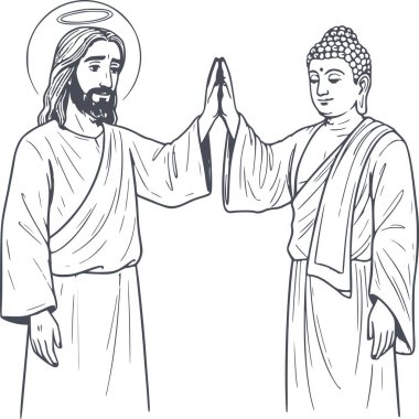 İsa ve Buda 'nın beşli barış ve dinlerarası uyumun sembolü olan siyah ve siyah donanma ile beyazların doldurulmadığı profesyonel el çizimi.