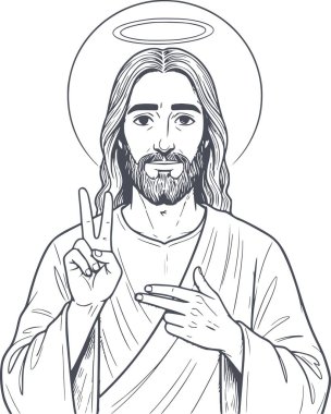 Minimalist el çizimi Hz. İsa 'nın beyaz dolgu olmadan haleler ve siyah dolgu tarzıyla barış işareti yaptığını gösteriyor.