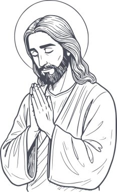 İsa 'nın ayrıntılı lacivert çizimi. Kapalı gözlerle dua ederken ve siyah dolgulu bir el çizimi yaparken ve çok yönlü tasarım için beyaz dolgu yokken.