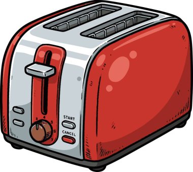 Çizgi film tarzında çizilmiş kırmızı bir tost makinesinin vektör çizimi, çizgileri simüle etmek için siyah dolgu ile, pürüzsüz ama desenli bir görünüm göstererek ona resmedilmiş hissi verir.