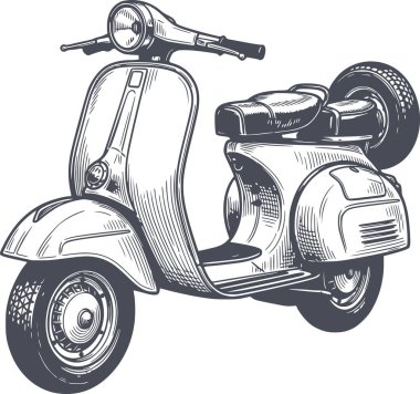 Özel tasarım için beyaz dolgu olmadan ve lacivert mürekkeple çizilmiş mobilet mobileti çizimi