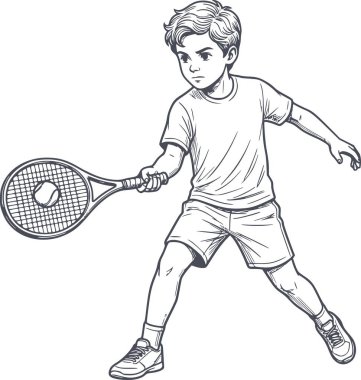 Tenis oynayan genç bir çocuğun el çizimi. Raket ve top mavisi. Siyah dolgu.