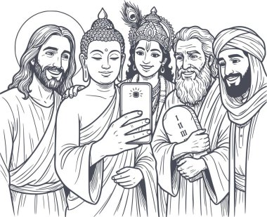 İsa Buda Krishna Musa ve Müslüman bir liderin, beyazlar olmadan siyahlar arası birlik ve barışı simgeleyen bir selfie çekerken el çizimi.