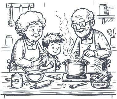 Torunlarına sıcak bir mutfakta yemek yapmayı öğretirken çekilmiş siyah çizgili resim çizimi. Bu vektör grafik beyaz dolguları içermiyor ve şeffaf bir arkaplan üzerindedir