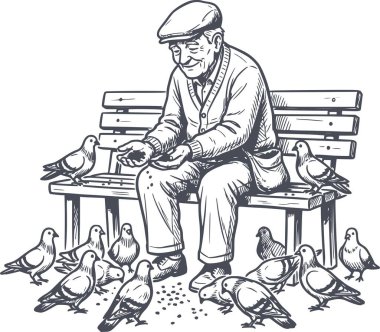 Parktaki bankta oturan yaşlı bir adamın, beyaz dolgu malzemesi olmayan, siyahlı bir güvercin sürüsünü besleyen ayrıntılı bir el çizimi.