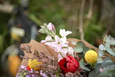 Bir demet taze kesilmiş kır çiçeğinin yakın plan görüntüsü