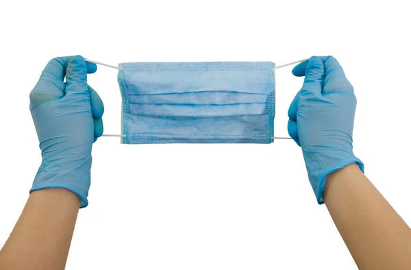 Artsenhand Blauwe Medische Handschoenen Houdt Virus Masker Geïsoleerd Witte Achtergrond — Stockfoto