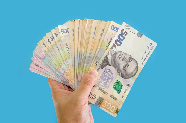 Ukrainian Hryvnia Female Hand Isolated Blue Background Money Stack Financial — Stock Photo, Image