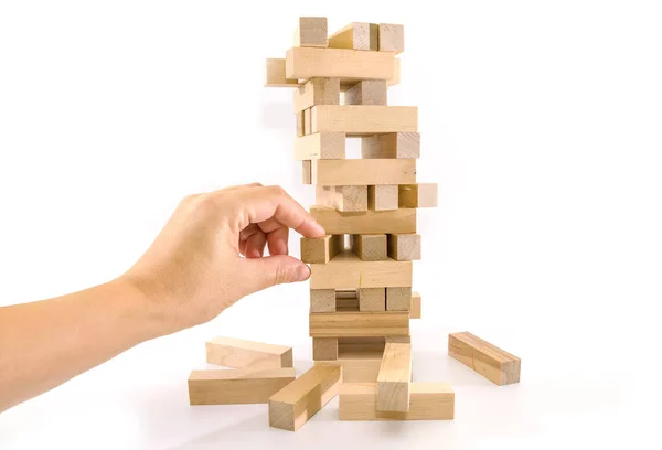 Tower Wooden Blocks Human Hands Take One Block Planning Risk — Stock Photo, Image