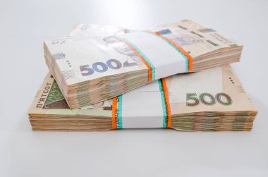 Beyaz arka planda iki paket Ukrayna Hryvnia 'sı.
