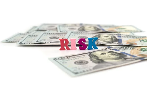 Hundred Dollar Bills Word Risk White Background Crisis Finance Concept — Stock Photo, Image