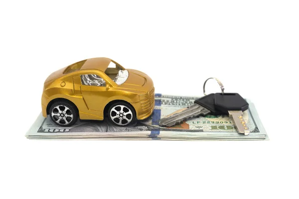 玩具车 美元和钥匙隔离在白色背景 汽车采购概念 — 图库照片