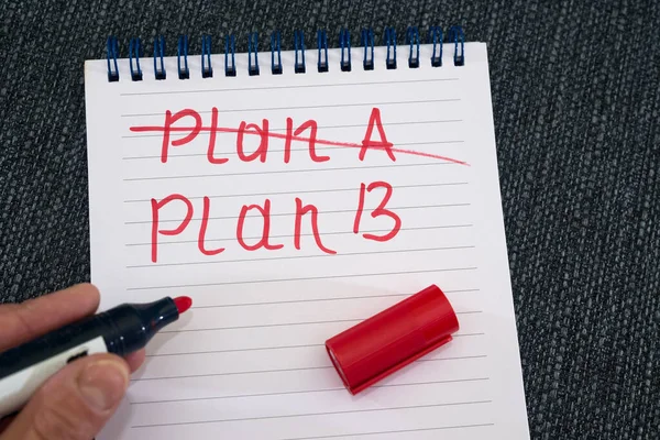 Plan Hand Holds Red Pencil Notebook Which Inscription Plan Crossed — Stock Photo, Image