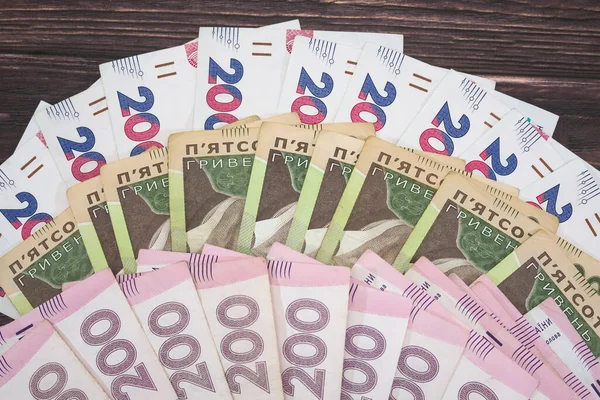 Dinero Ucraniano Fondo Madera 200 500 Hryvnia — Foto de Stock