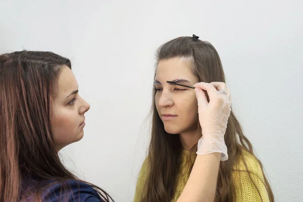 Master and client in the salon. The hand of the master applies anesthetic cream to the eyebrows before the permanent make-up procedure using a brush. Eyebrow dyeing concept.