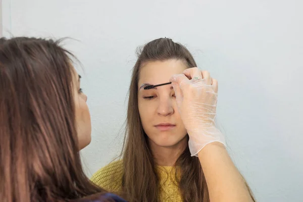 Master and client in the salon. The hand of the master applies anesthetic cream to the eyebrows before the permanent make-up procedure using a brush. Eyebrow dyeing concept.