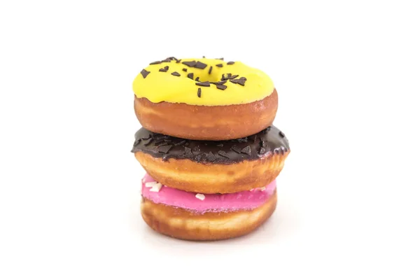 Drei Traditionelle Amerikanische Donuts Mit Schokolade Gelber Und Rosa Zuckerguss — Stockfoto