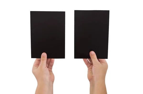 Duas Mãos Segurando Cartões Papel Preto Branco Close Isolado Espaço — Fotografia de Stock