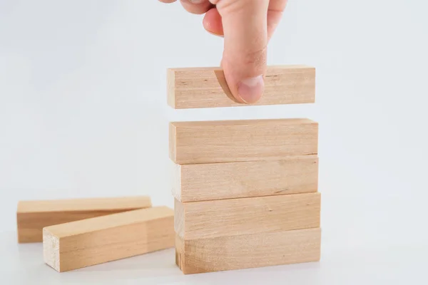 Human Hand Lays Wooden Blocks Business Development Concept — Stock Photo, Image