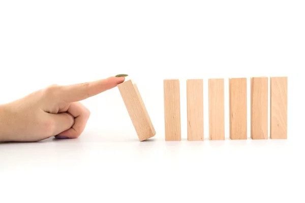 Hand Stopping Wooden Domino Business Crisis Effect Risk Protection Concept — Stock Photo, Image