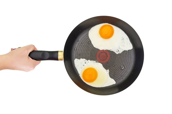 Fried Eggs Pan Frying Pan Fried Eggs Hand Isolated White — Stock Photo, Image