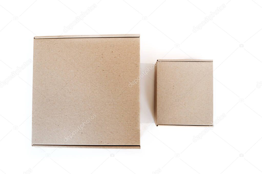two cardboard boxes on a white background. Copy space. Top view.