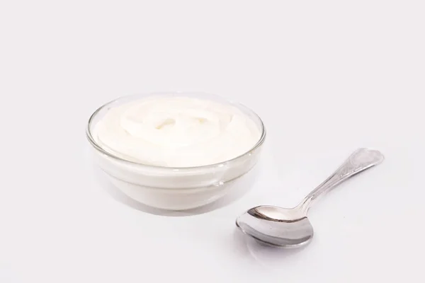 Sour Cream Plate Spoon Mayonnaise Yogurt Isolated White Background Clipping — Stock Photo, Image