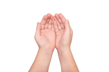 Beyaz arka planda izole edilmiş iki bebek palmiyesi. Eller beyaz üzerine izole hareket.