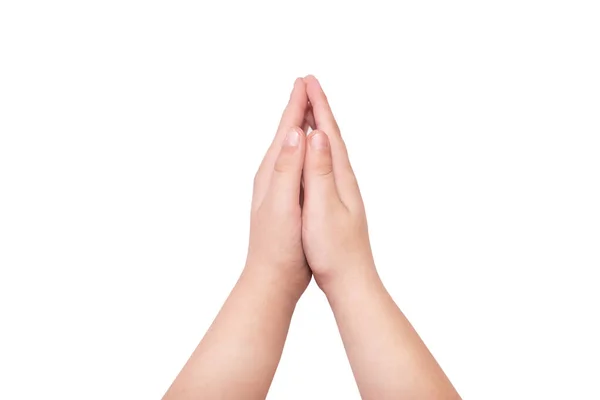 手牵着手是祈祷和感恩的象征 你好和感激的泰式姿势 被白色背景隔离的折叠的孩子的手 — 图库照片
