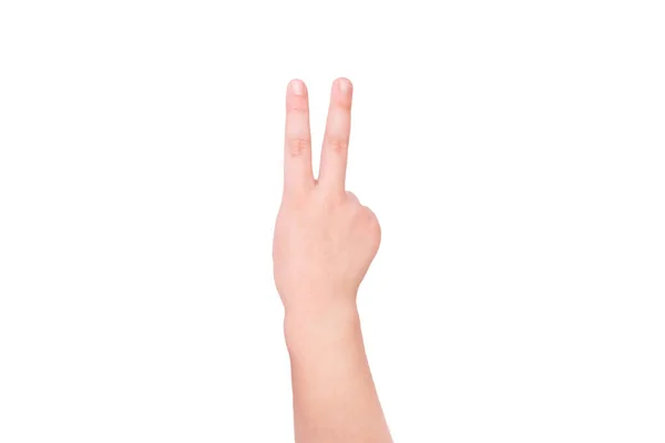 Child Hand Shows Gesture Two White Background — Stock Photo, Image