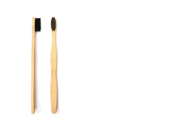 Two Bamboo Toothbrushes Isolated White Background Copy Space Place Text — Stock Photo, Image