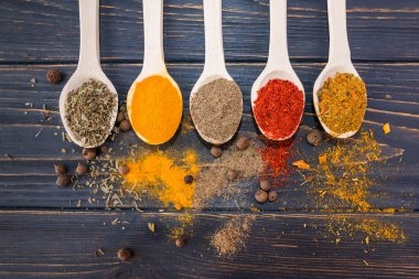 different spices in wooden spoons on a wooden background.