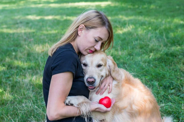 Блондинка Обнимает Собаку Ретривера Красным Сердцем Руке Понятие Любви Животным — стоковое фото