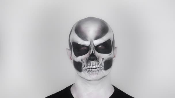 Man Terrible Halloween Skeleton Makeup Looks Camera Approaches Menacingly Shooting — Stock Video