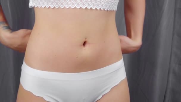 Woman Measuring Her Waist Young Woman White Underwear Measures Her — Stock Video